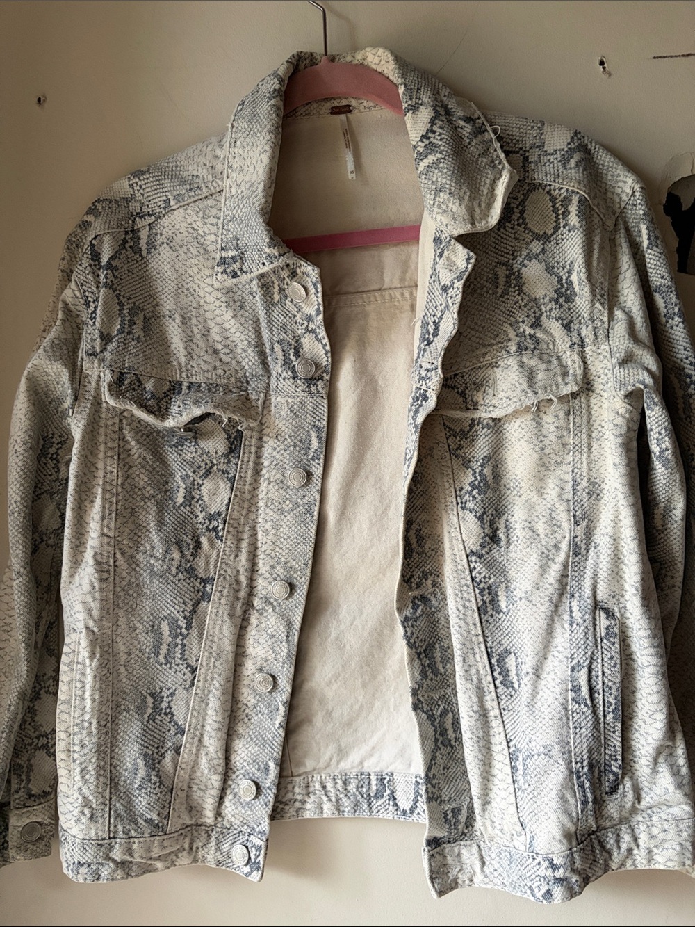 Free People Snake-Print Denim Jacket - White and Gray